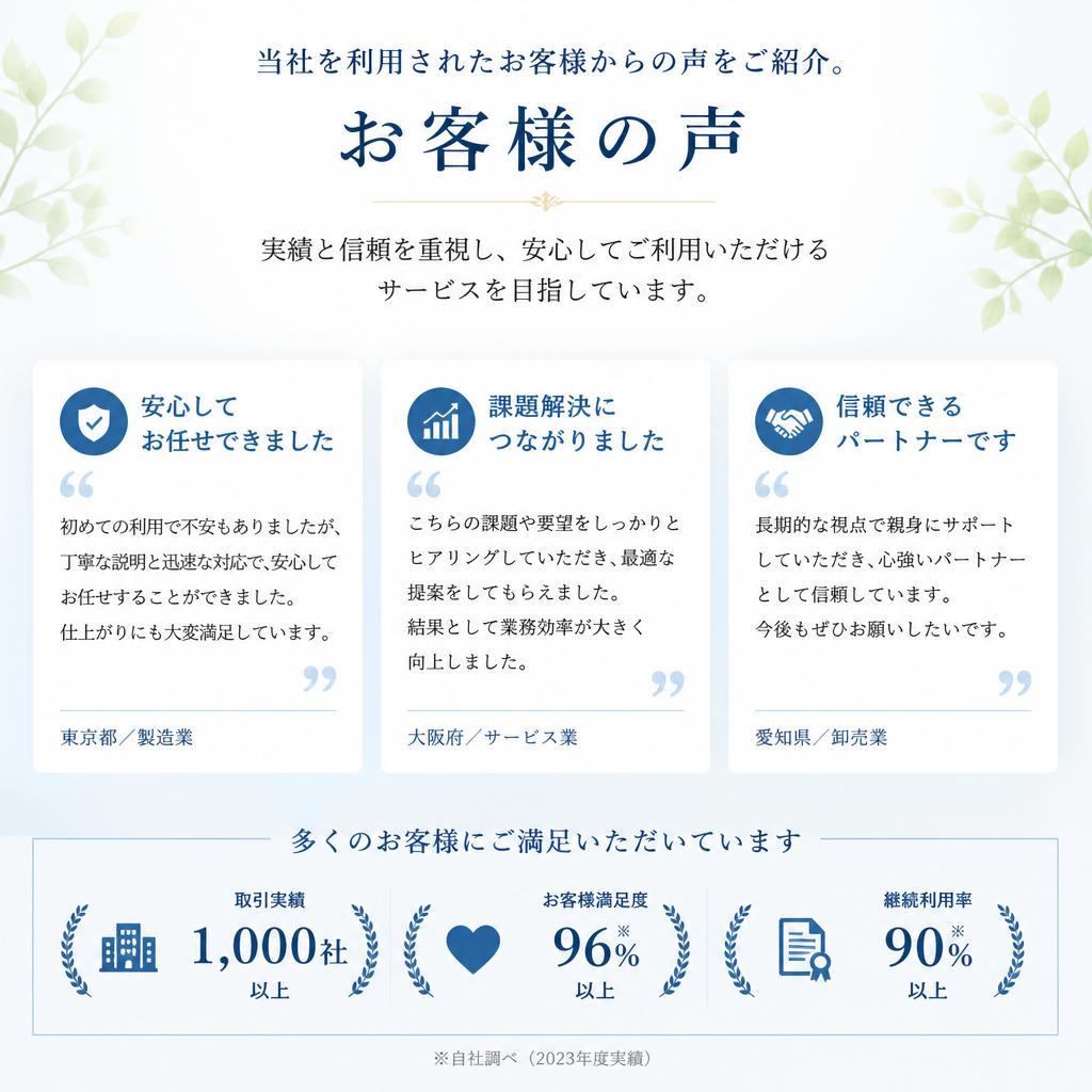 お客様の声：信頼と安心の実績